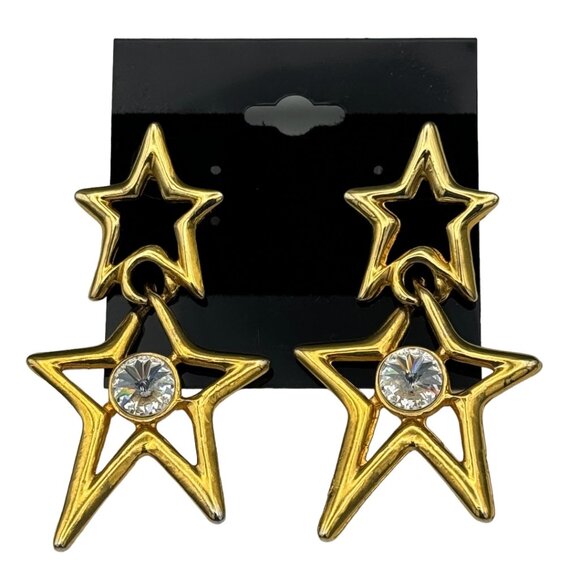 80s / 90s Glam Rockstar Gold Star & Rhinestone Vintage Dangle Costume Earrings - Picture 5 of 7